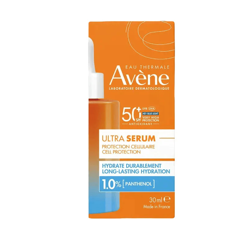Eau Thermale Avène Ultra Sérum SPF50+ en packaging orange avec boîte, 30ml, 1% panthénol, hydratatio