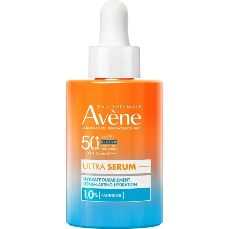 Gros plan flacon pipette Avène Ultra Sérum SPF50+ orange avec capuchon blanc, labels SPF50+, protect