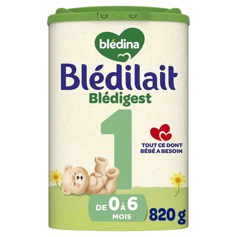 Blédina Blédilait Blédigest 1 lait infantile en poudre 820g, avec ours en peluche et design floral.