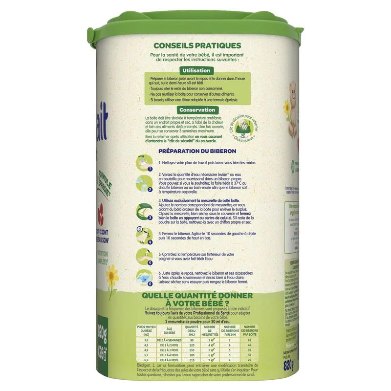 Arrière de la boîte Blédilait Blédigest 1 montrant les instructions de préparation et conservation.