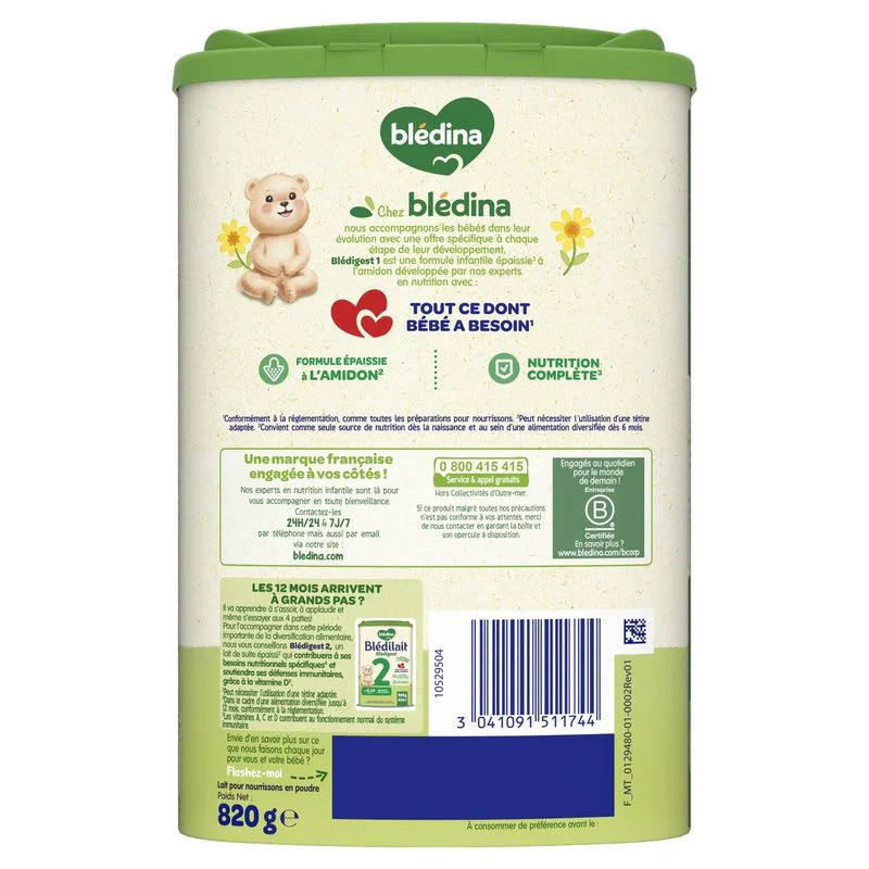 Vue de côté de l'emballage Blédina Blédilait Blédigest 1 mettant en avant le soutien nutritionnel.