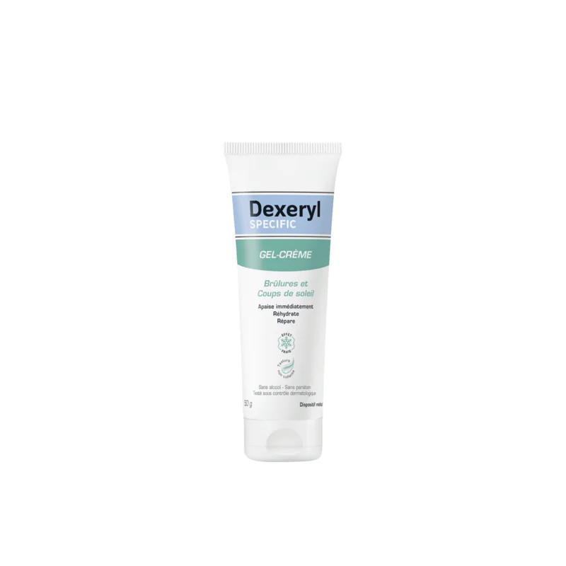 Tube Dexeryl Specific Gel-Crème Brûlures et Coups de Soleil 50g montrant l'étiquette avant avec nom 