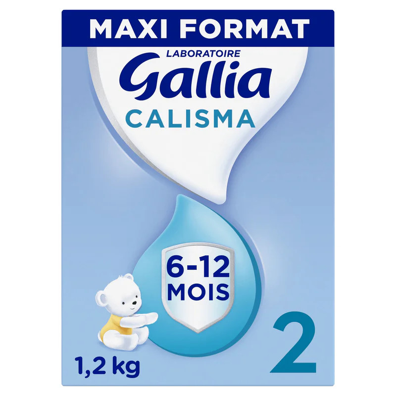 Vue avant de la boîte Gallia Calisma 2 format maxi 1,2 kg lait infantile, emballage bleu avec logo G