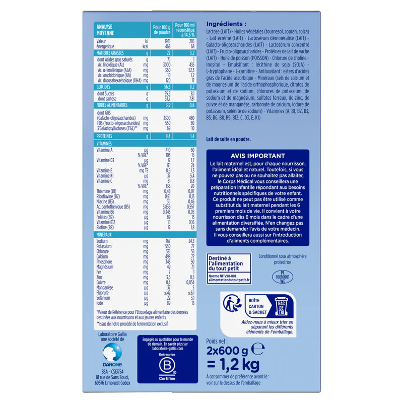 Face arrière de la boîte Gallia Calisma 2 : tableau nutritionnel/100ml, liste ingrédients, sans huil