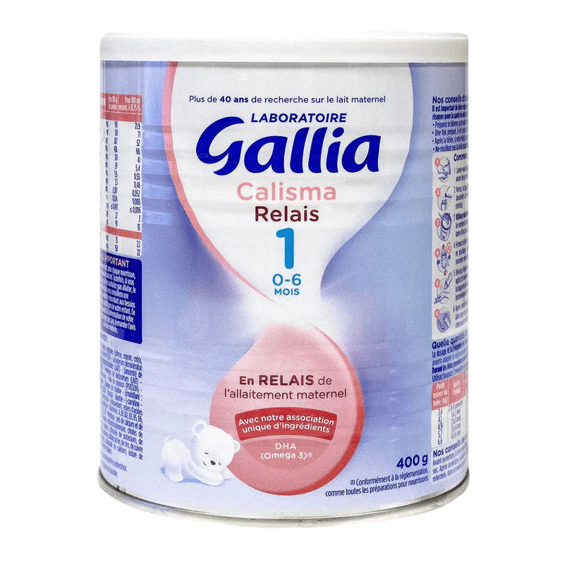 Boîte Gallia Calisma Relais 1 lait infantile en poudre 400g, vue avant avec marque, icône ours, labe