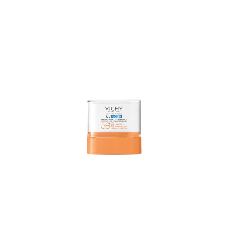 Stick Solaire Invisible Vichy Capital Soleil SPF50+ pour visage et lèvres en format de poche.