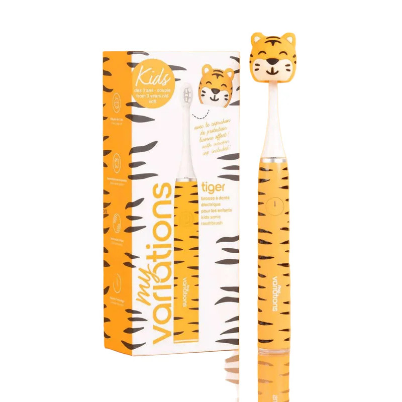 Brosse à dents électrique sonique MyVariations Kids Tigre, présentée dans sa boîte orange et blanche