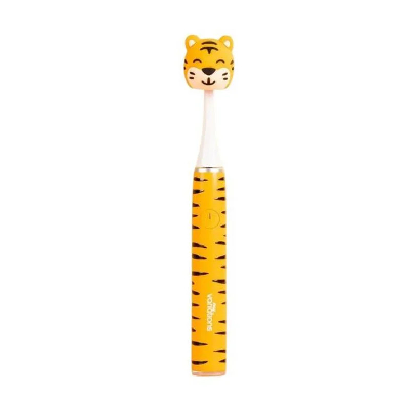 Gros plan sur la brosse à dents électrique sonique MyVariations Kids Tigre : manche orange rayé tigr