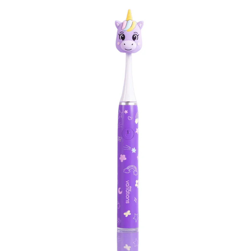 Brosse à dents électrique sonique MyVariations Kids violette avec tête licorne adorable, tête de bro
