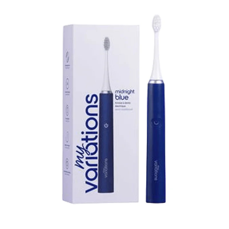 Brosse à dents électrique sonique MyVariations Midnight Blue en emballage premium, présentant la poi