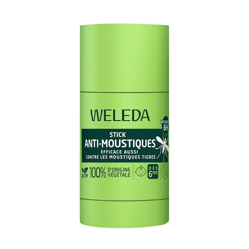 Stick Anti-Moustiques Weleda 1064257 18g en tube vert avec étiquettes indiquant actif 100% végétal, 