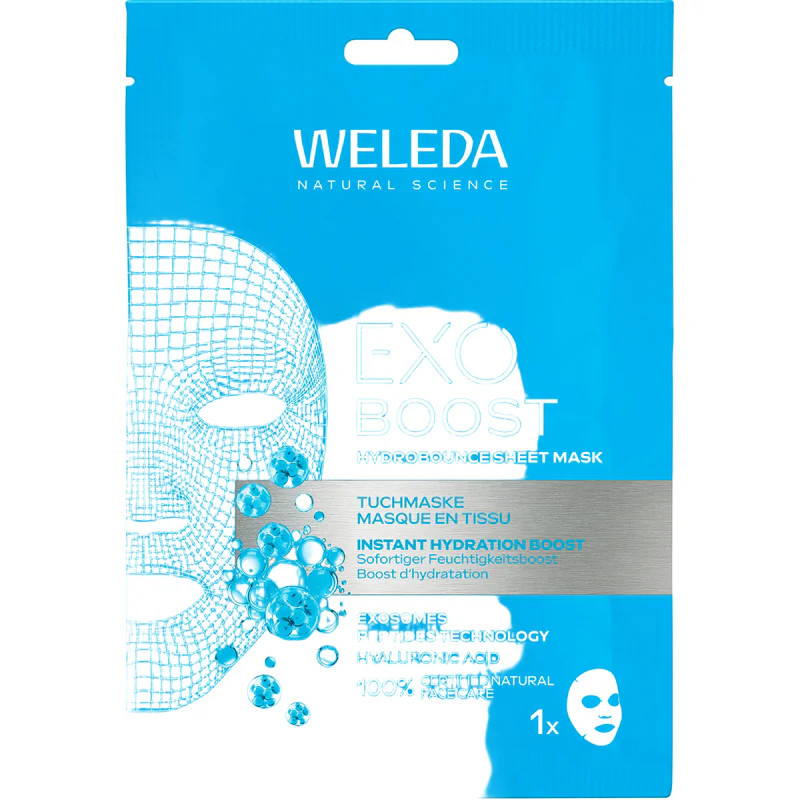 Vue avant de l'emballage du masque en tissu Weleda Exo Boost Hydrobounce en bleu, avec acide hyaluro