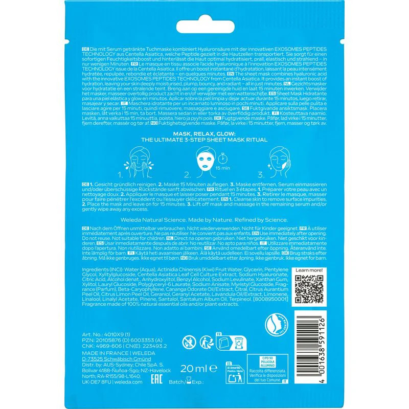 Vue arrière du pack Masque Hydrobounce Weleda Exo Boost 20ml, avec instructions multilingues, rituel