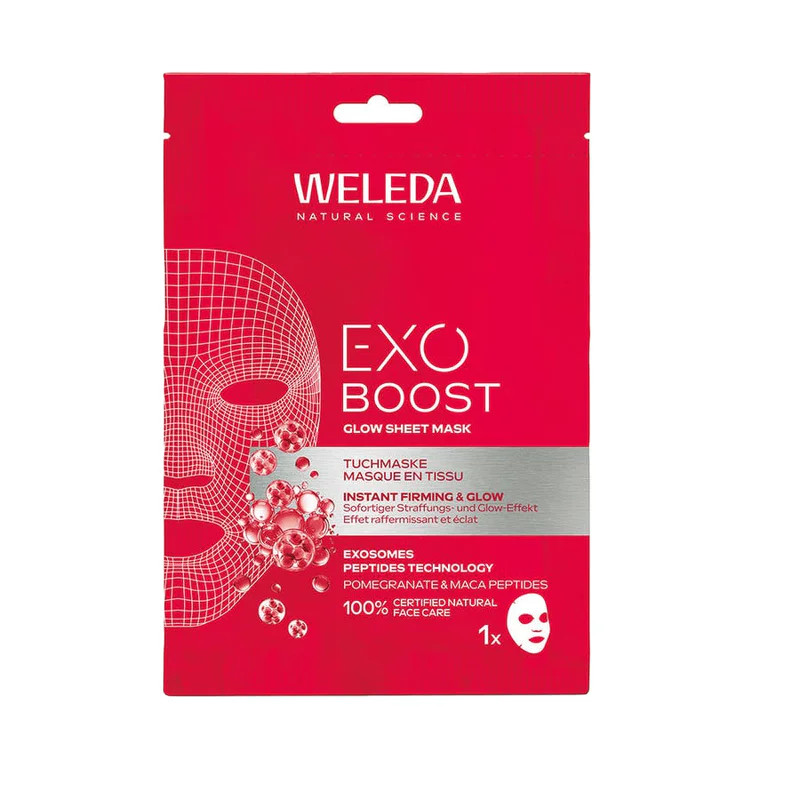 Emballage Masque Tissu Glow EXO BOOST Weleda : sachet rouge avec graphique visage 3D, éléments grena