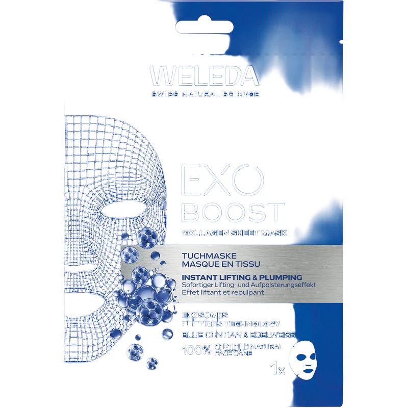 Masque Collagène Weleda Exo Boost sachet frontal bleu avec graphique visage mesh, bulles, texte sur 