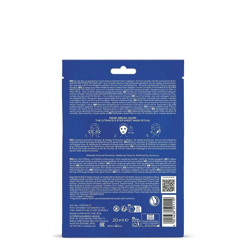 Verso de l'emballage du Masque Tissu Collagène Weleda Exo Boost : instructions rituel 3 étapes, list