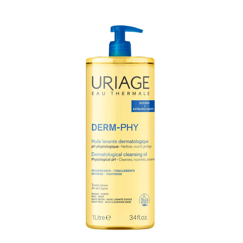 Huile Lavante Dermatologique Derm-Phy Uriage, flacon 1L, pour visage et corps, tous types de peaux.
