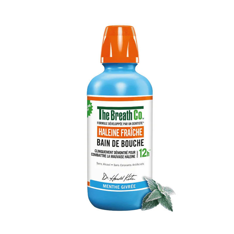 Bain de bouche sans alcool The Breath Co menthe givrée avec oxygène actif, formulé par un dentiste.