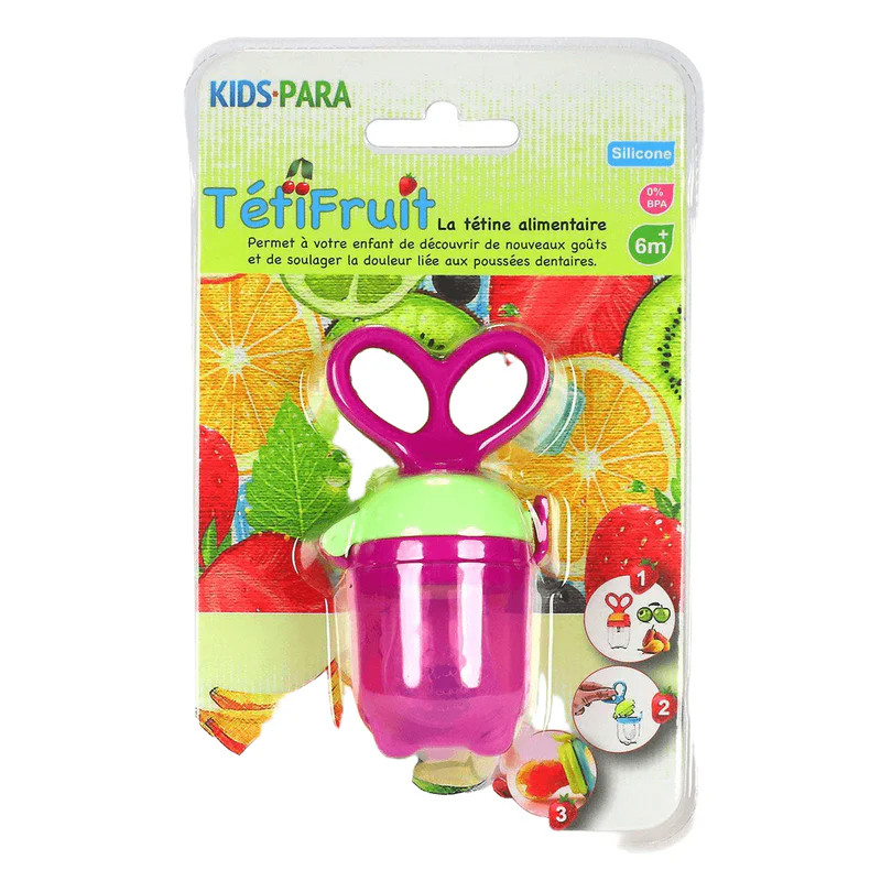 Packshot du Tétifruit Grignoteur Rose, tétine alimentaire silicone rose pour bébé sur blister coloré