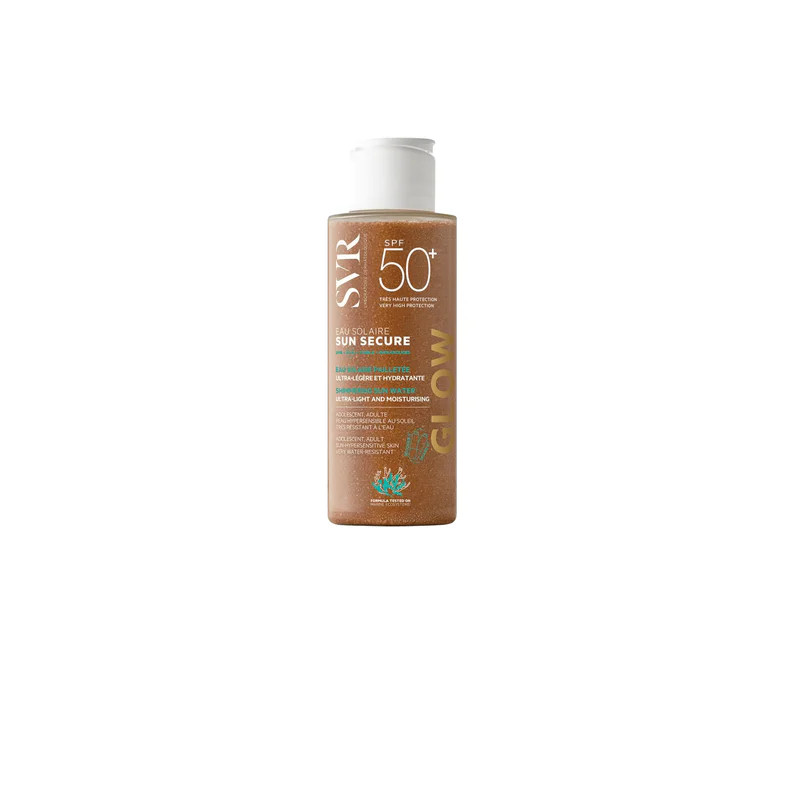 Flacon SVR Sun Secure Eau Solaire Glow SPF50+ crème solaire à texture bi-phasée scintillante.