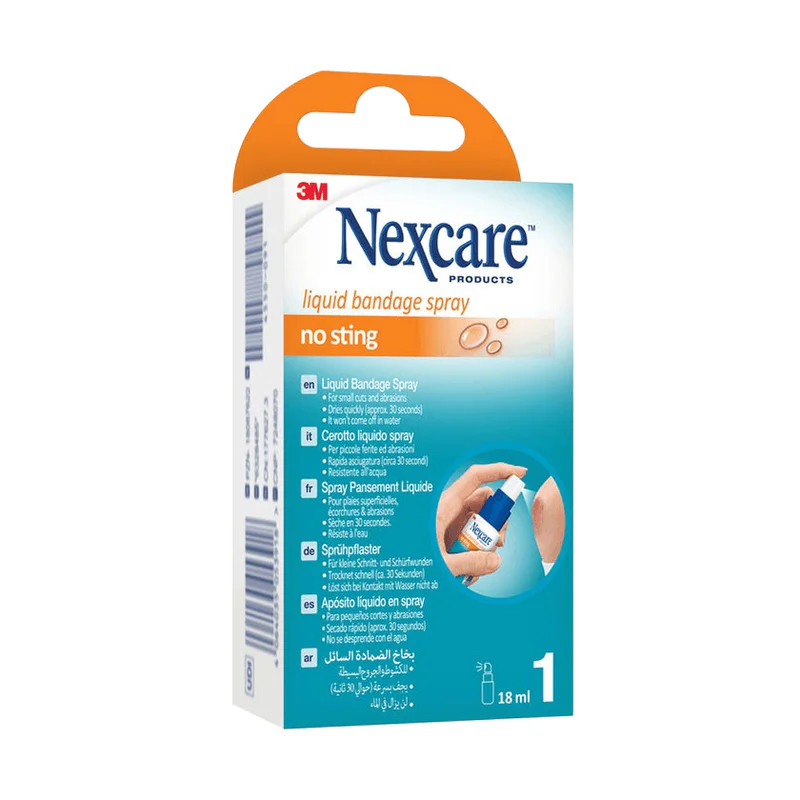 Packshot Nexcare Pansement Liquide Spray 18 ml : boîte orange-bleu avec marque 3M, étiquette sans pi