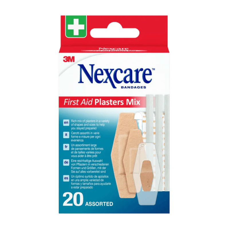 Nexcare First Aid Mix Pansements B/20 : pack affichant 20 pansements variés incluant flexibles stret