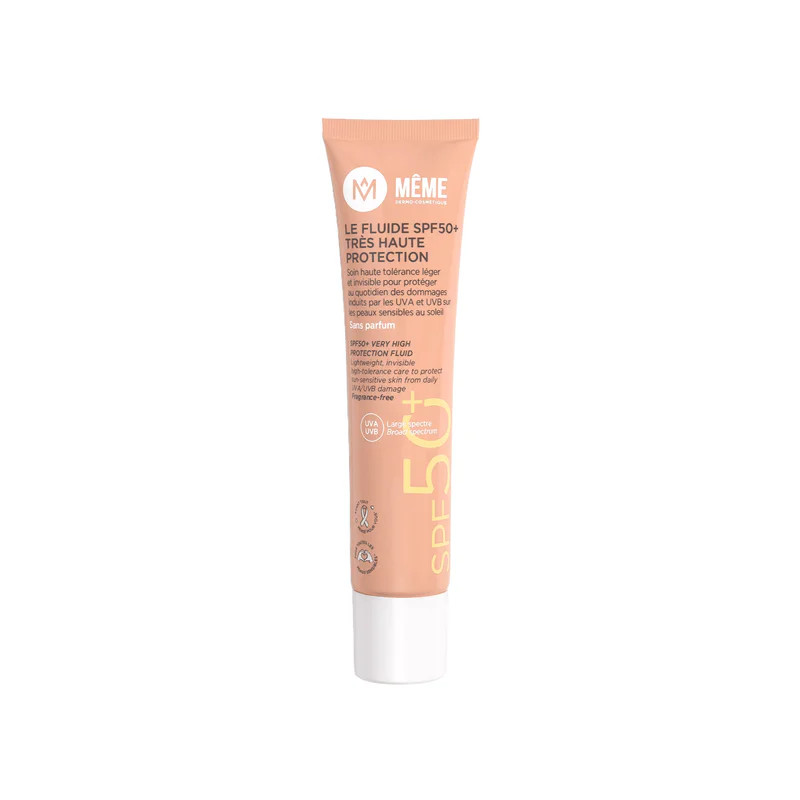 Tube Fluide Solaire SPF50+ MÊME couleur pêche, packshot incliné montrant l'étiquette avant avec SPF5