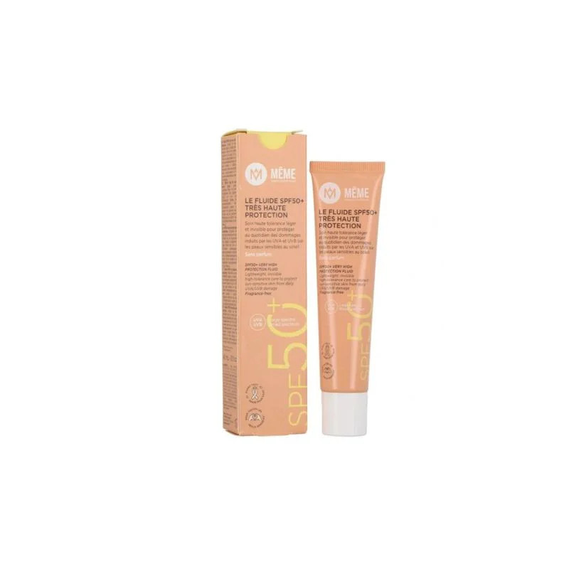 Tube de Fluide Solaire SPF50+ MÊME avec boîte d'emballage, packshot droit mettant en avant nom du pr