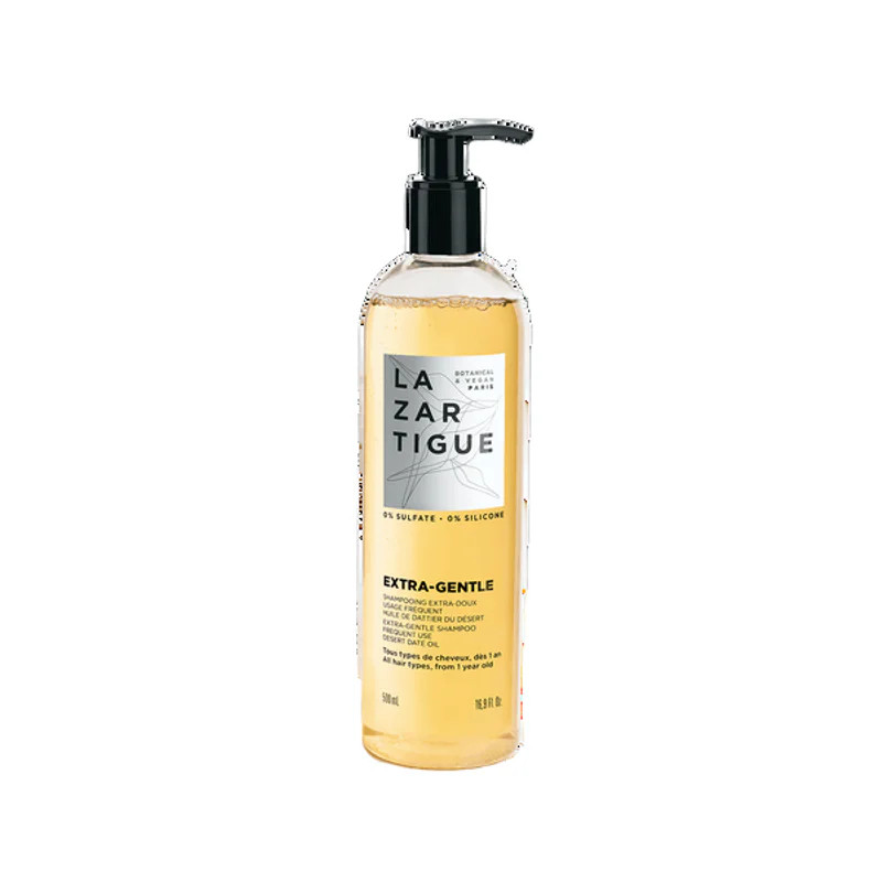 Shampoing Extra Doux LAZARTIGUE 500ml flacon pompe teinte dorée avec étiquette avant branding botani