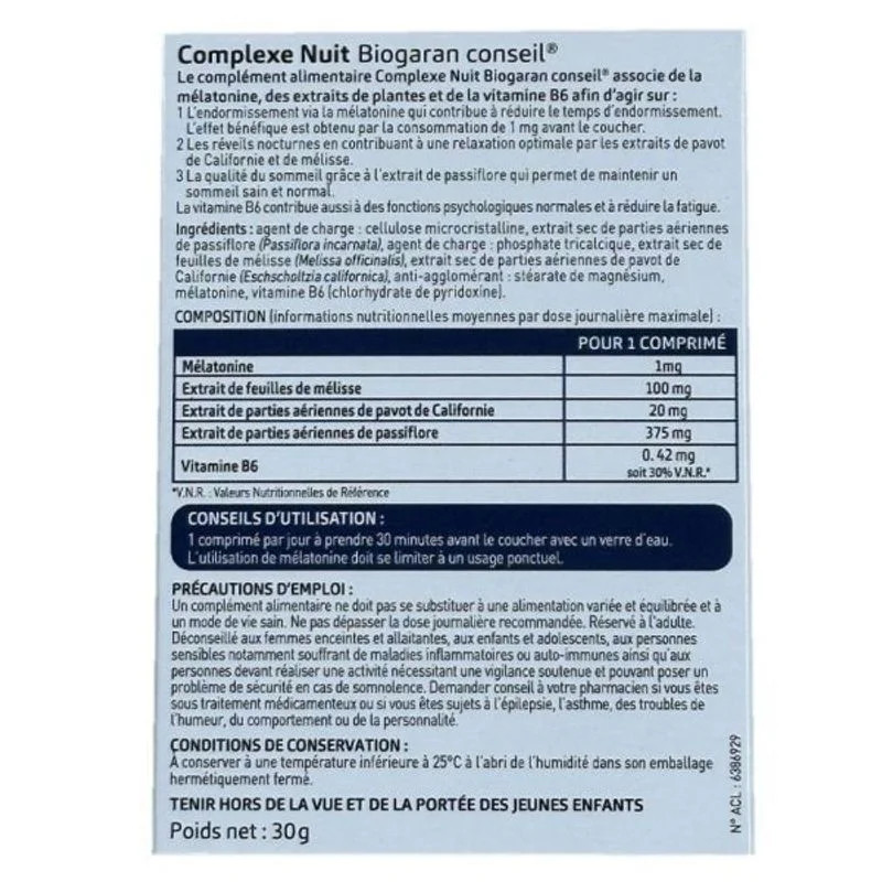 Face arrière de la boîte Biogaran Complexe Nuit : liste des ingrédients avec 1mg mélatonine, 300mg e