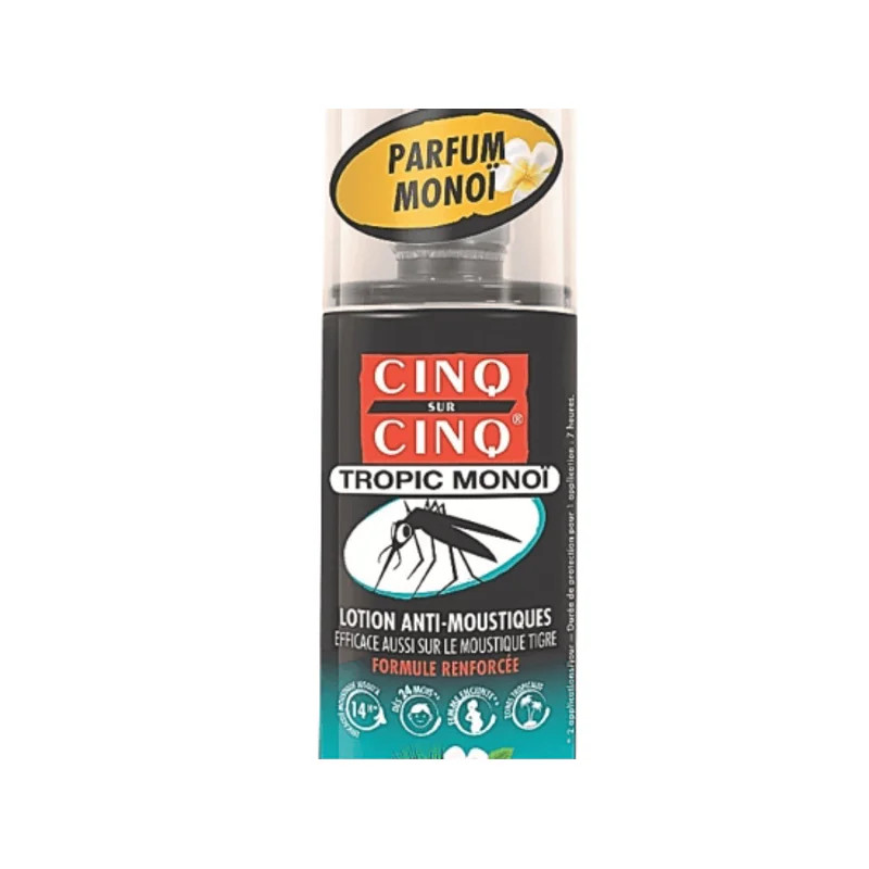 Flacon spray anti-moustiques Cinq sur Cinq Tropic Monoï 75 ml, emballage noir avec logo rouge, graph