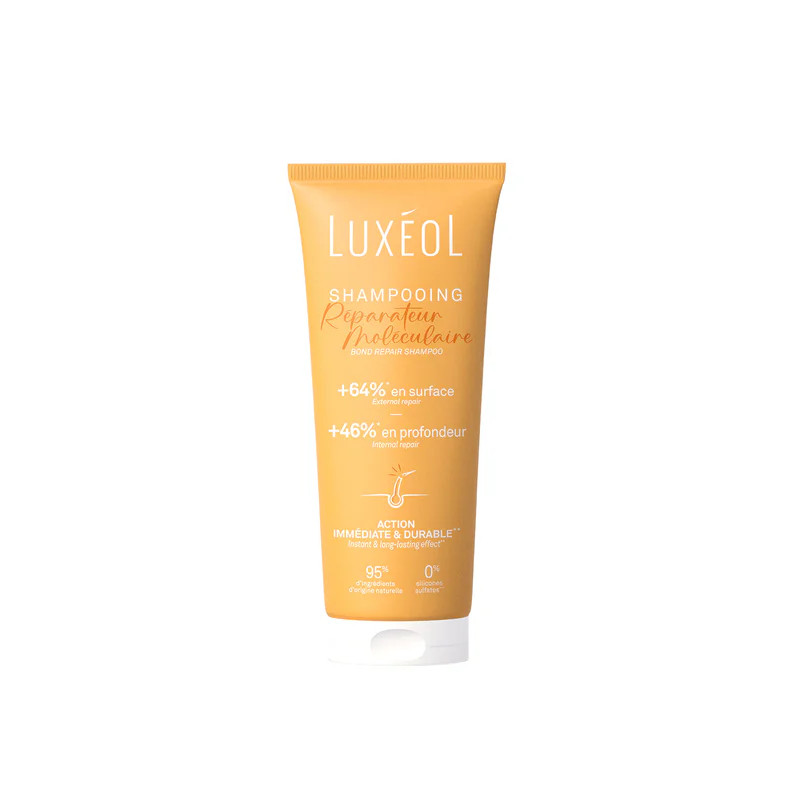 Shampooing Réparateur Moléculaire Luxéol en tube orange sur fond blanc, met en avant 95% d'ingrédien