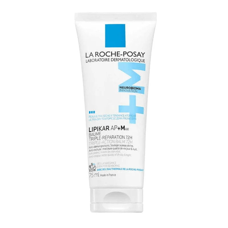 La Roche-Posay Lipikar Baume AP+ Max tube 75ml, vue angulaire mettant en avant le logo bleu, fonctio