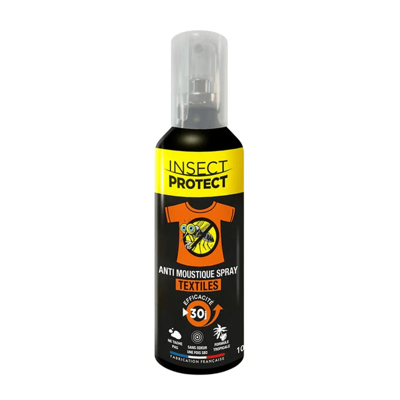 Spray Insect Protect anti-moustiques pour textiles, 100ml aérosol noir avec étiquette jaune montrant