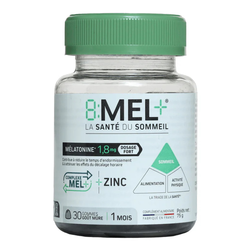 8 MEL+ MENARINI : pot de 30 gommes à mâcher mûre 1,8 mg mélatonine pour un meilleur sommeil et contr