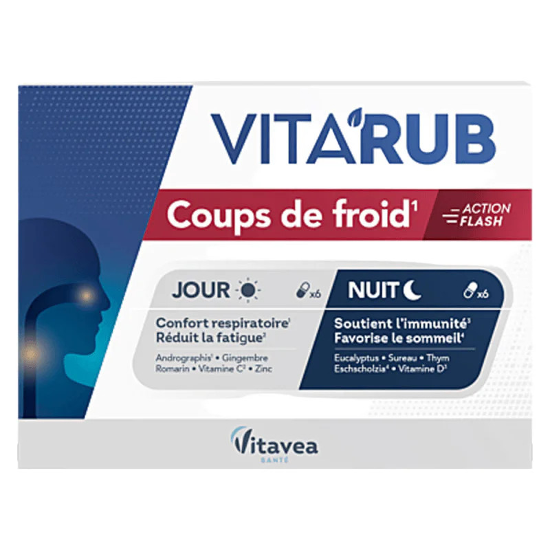 Vitavea Vita’Rub Gélules contre les coups de froid, vue avant de la boîte montrant formules jour et 