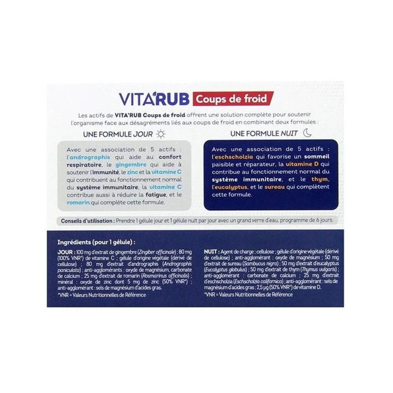 Gros plan sur le verso de la boîte Vitavea Vita’Rub Coups de Froid : formules jour (Andrographis, Gi