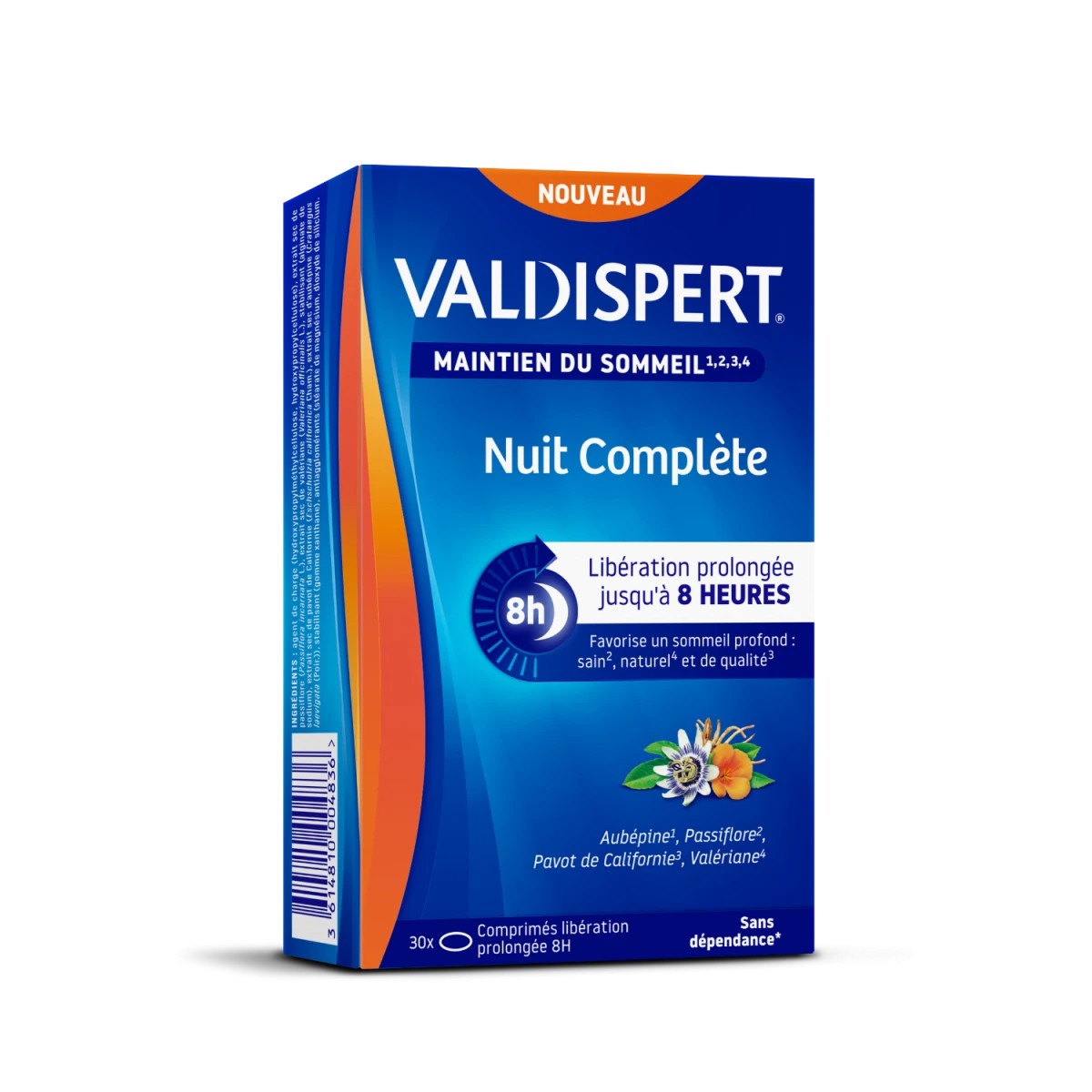 Valdispert Nuit Complète blue box packshot showing 30 sustained-release tablets for up to 8 hours sl
