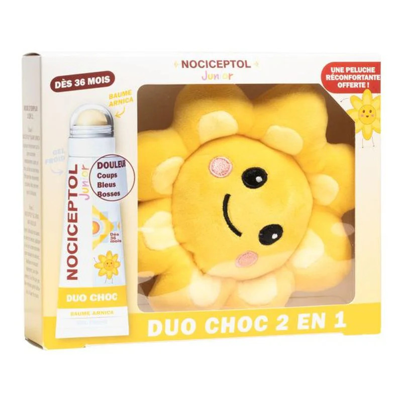 NOCICEPTOL Junior DUO CHOC - Kit de premiers secours avec peluche jaune soleil, stick baume arnica e