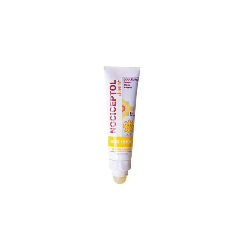 Packshot NOCICEPTOL Junior DUO CHOC : tube de gel blanc avec étiquette jaune, marque NOCICEPTOL, mot