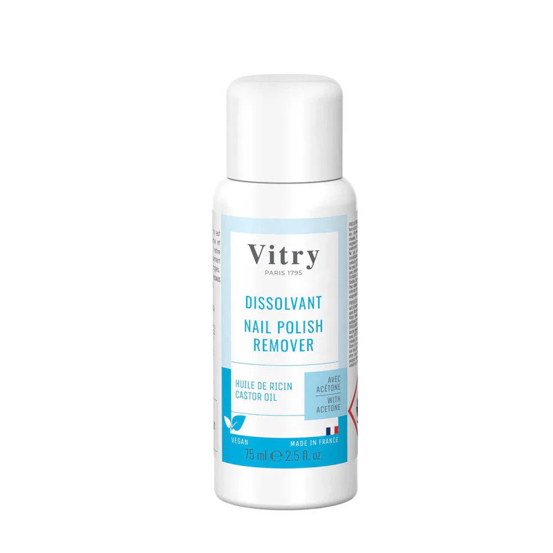 Dissolvant Vitry en flacon spray blanc avec étiquette bleue indiquant huile de ricin, acétone, badge