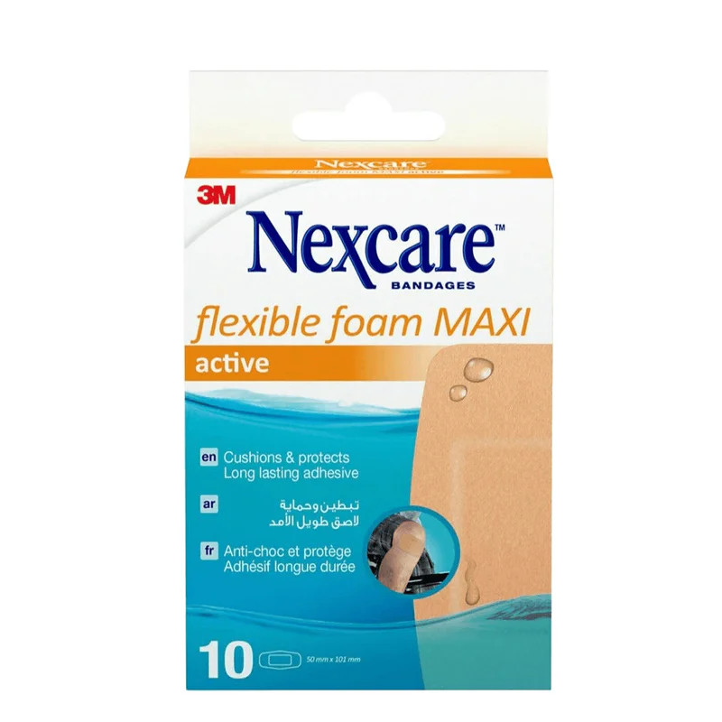 Pack Nexcare Vie Active pansements mousse flexible maxi, 10 bandes, 50x101mm, vue avant avec étiquet