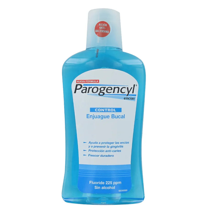 Parogencyl Bain de Bouche Contrôle Gencives 500 ml flacon bleu, sans alcool, antibactérien, 225 ppm 