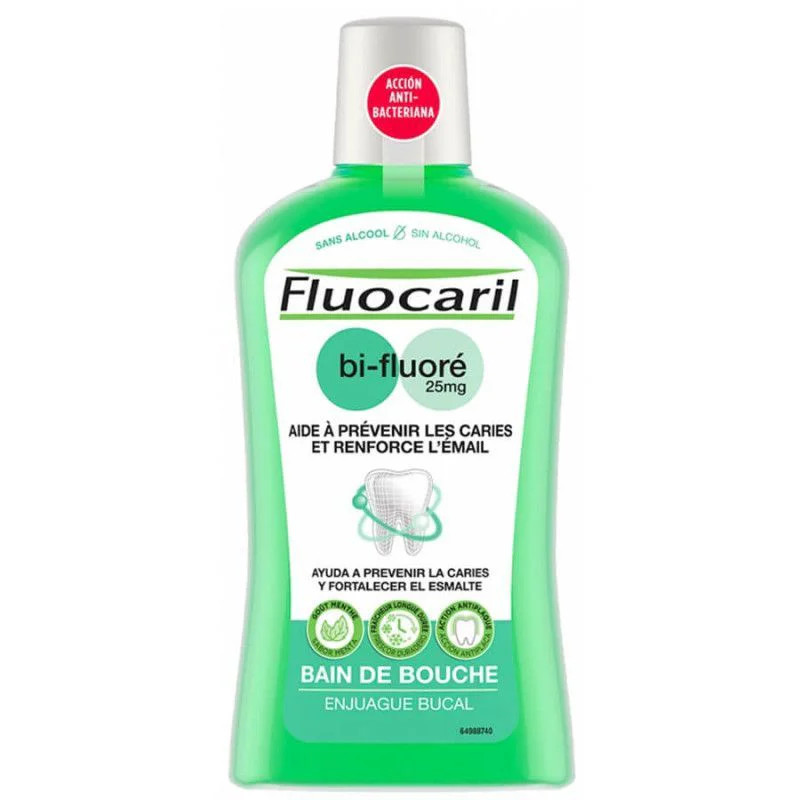 Fluocaril Bain de Bouche Bi-Fluoré 25 mg sans alcool saveur menthe en flacon vert 500 ml, vue avant 