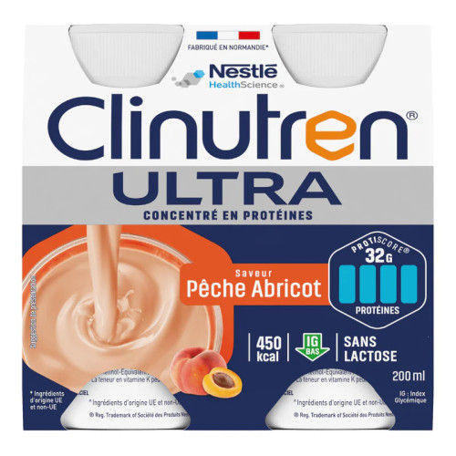 Nutriment CLINUTREN ULTRA : 450 kcal/200ml, saveur pêche-abricot