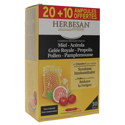 Herbesan Miel Gelé Royale - 30 Ampoules - Vitamine C & Détox Naturelle