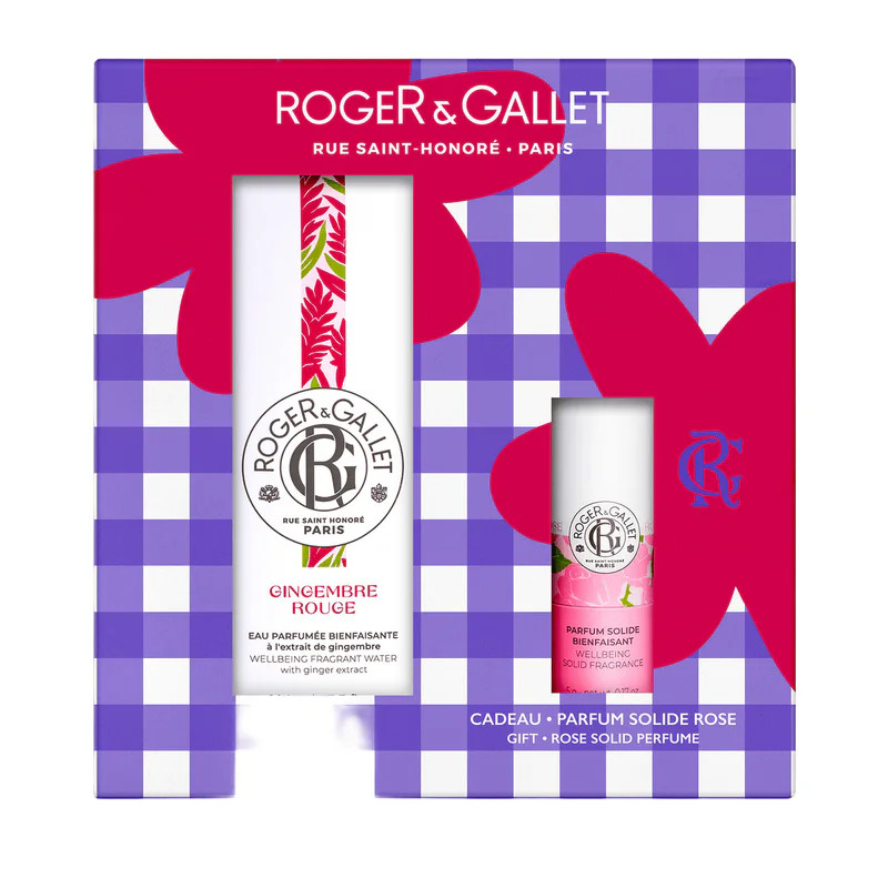 Coffret Roger & Gallet avec Eau Parfumée Gingembre Rouge et Parfum Solide Rose sur fond vichy violet