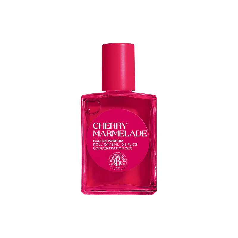 Eau de Parfum Roll-On Cherry Marmelade Roger & Gallet 15 ml en flacon verre rose avec bouchon rouge,