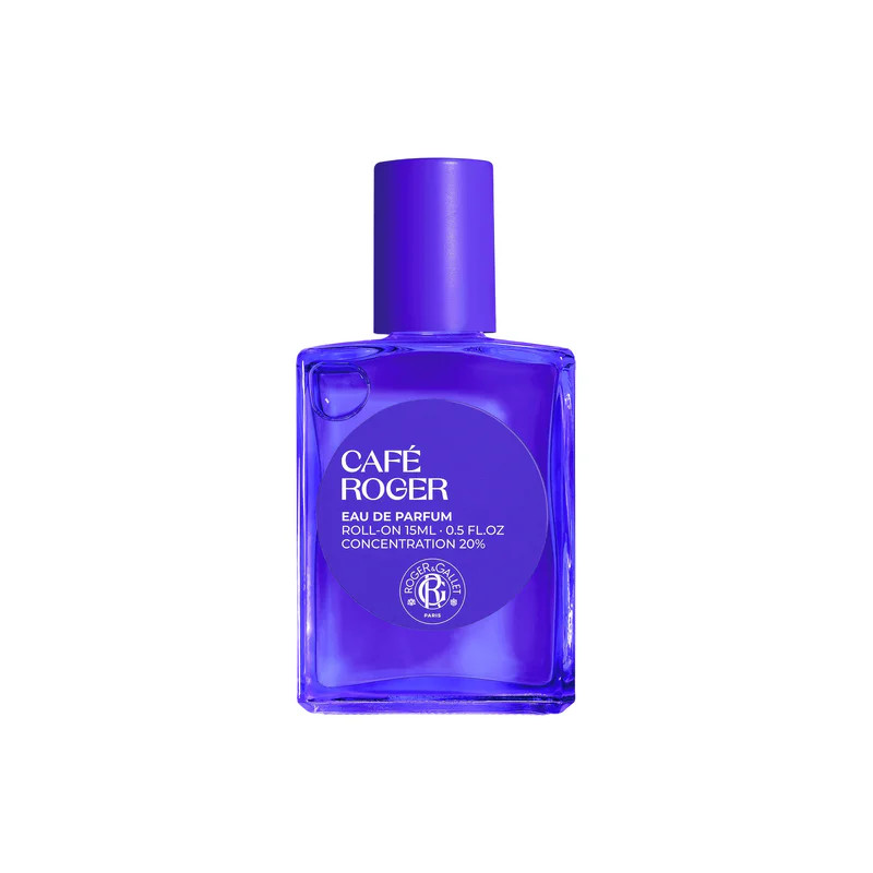 Vue avant du roll-on Eau de Parfum Café Roger de Roger & Gallet en flacon verre violet, étiquette 15