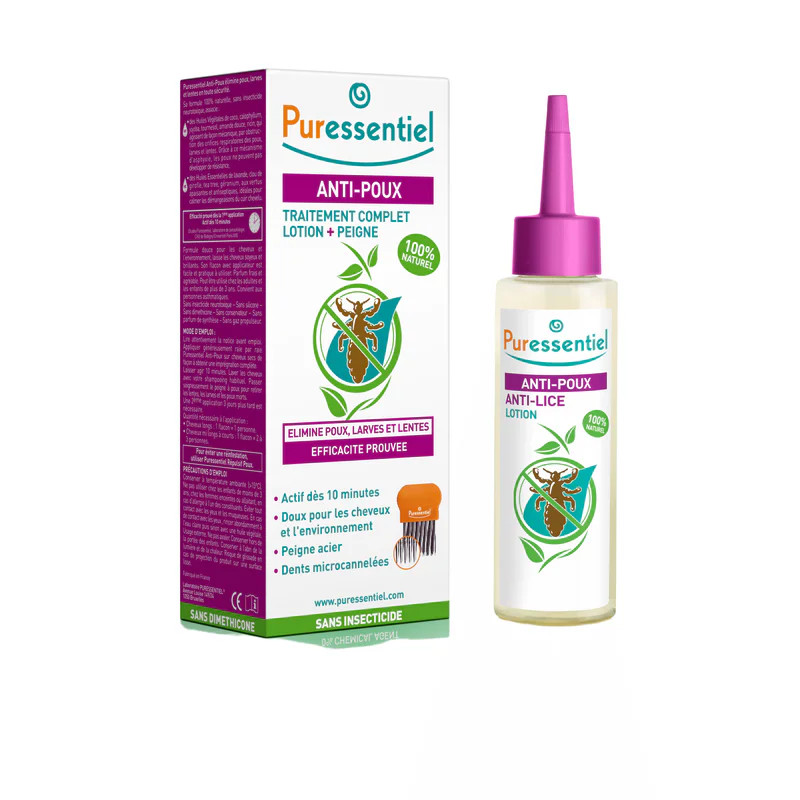 Kit Anti-Poux Puressentiel : boîte violette avec flacon lotion à applicateur violet, lotion claire, 
